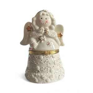 Angel Trinket Box Jar Porcelain Ivory Color‎ with Gold Trim Hinged Opening